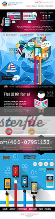 One page website flat UI design template. It include a lot of flat stlyle icons, forms, header, footeer, menu, banner and spaces for pictures and icons all in one page.