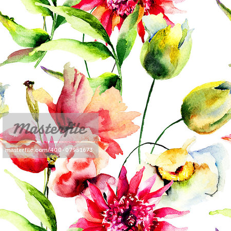 Seamless wallpaper with Colorful flowers, watercolor illustration