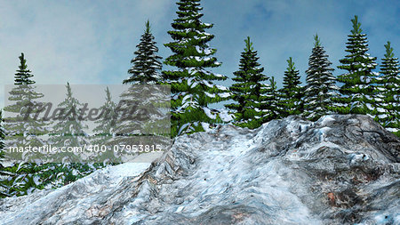 Winter mountain landscape with fir trees and cloudy blue sky