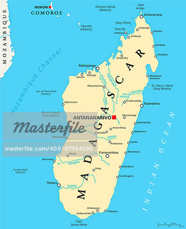 Madagascar Political Map with capital Antananarivo, national borders, important cities, rivers and lakes. English labeling and scaling. Illustration. Madagascar Political Map with capital Antananarivo, national borders, important cities, rivers and lakes. English labeling and scaling. Illustration.