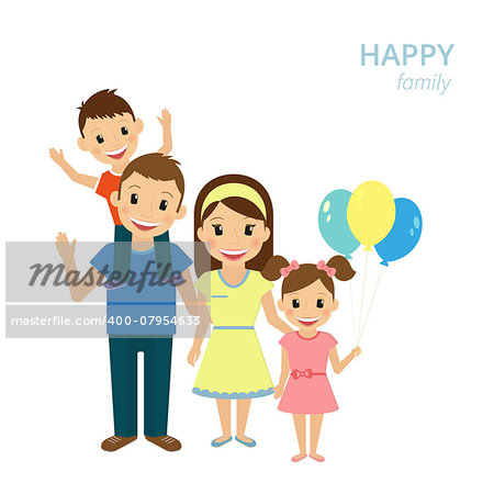 Vector illustration of happy family. Smiling dad, mom and two kids isolated on white