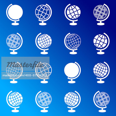 White vector abstract globe icons on blue background