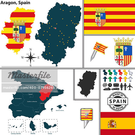 Vector map of region of Aragon with coat of arms and location on Spanish map