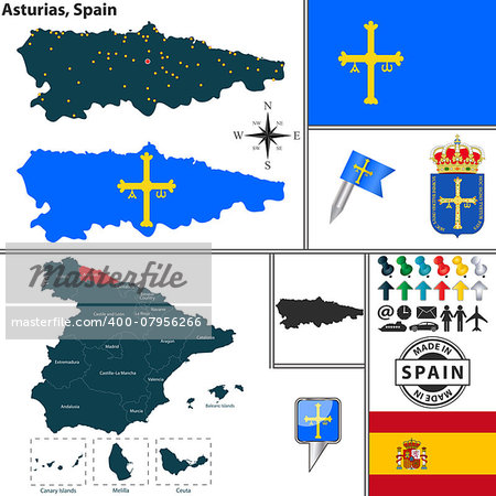 Vector map of region of Asturias with coat of arms and location on Spanish map