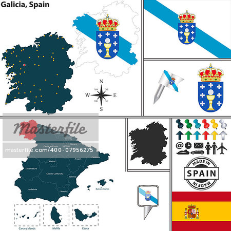 Vector map of region of Galicia with coat of arms and location on Spanish map