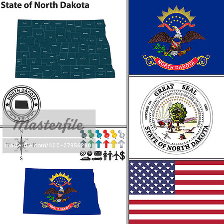 Vector set of North Dakota state with flag and icons on white background