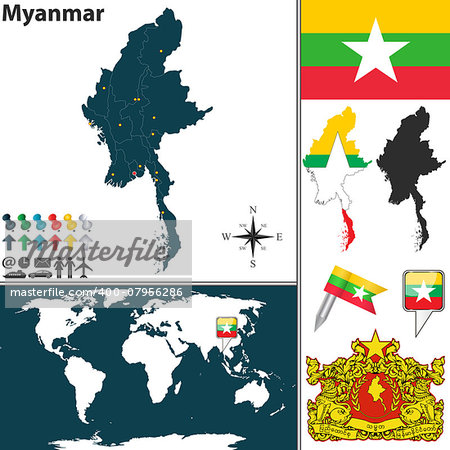 Vector map of Myanmar with regions, coat of arms and location on world map