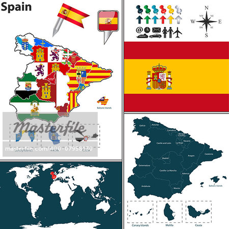 Vector map of Spain with regions with flags