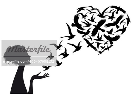 Heart shaped  flying birds with woman silhouette, vector illustration