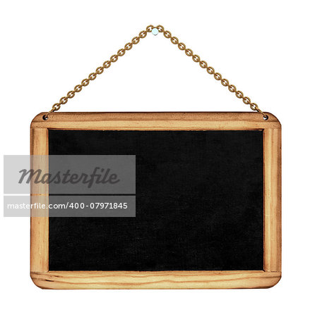 signboard for menu on golden chains isolated on white background
