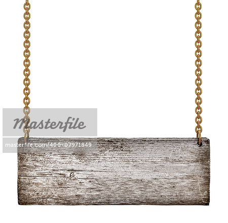 vintage wooden sign on golden chains on an isolated white background