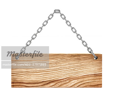 wooden sign on the chain isolated on white background