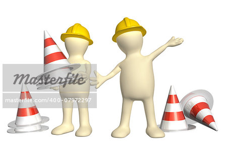 Two 3d puppets with emergency cones. Isolated on white background