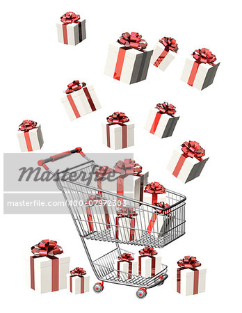 Shopping cart and gifts. Objects isolated on white background