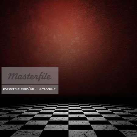 Grunge room interior with old red wall and checkered floor background.