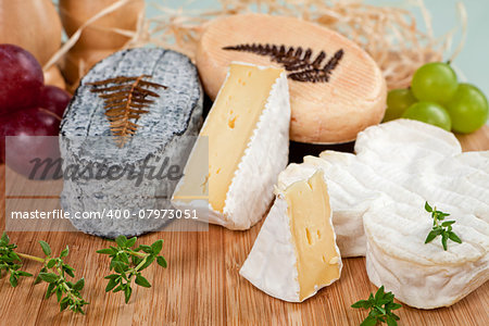 Delicious cheese variation arranged on wooden board with fresh herbs and grapes.