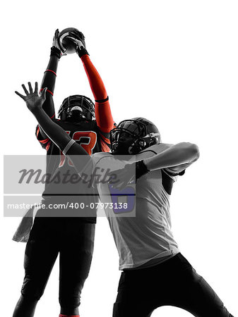 two american football players pass action in silhouette shadow on white background