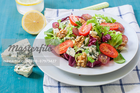 fresh salad with nut grapes and blue cheese on white plate