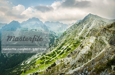 Ostrva Peak with Tourist Path in High Tatras Mountains in Cloudy Day