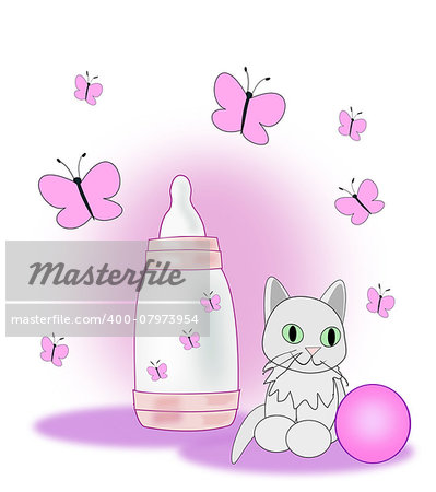 A baby bottle, a ball and a little pussycat surrounded by pink butterflies.