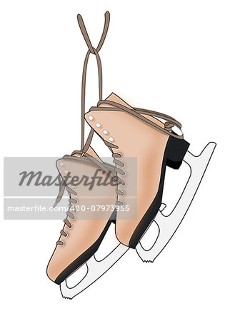 Illustration of a a pair of brown ice skates on a white background.