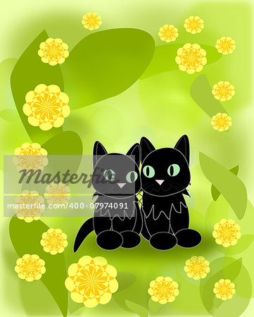 Two cute black little cats sitting together between yellow flowers.