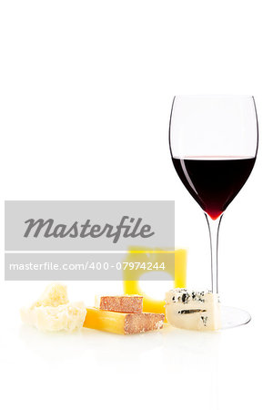 Cheese variation and glass of red wine isolated on white background.