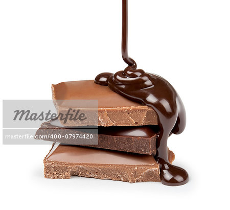 melted chocolate is poured on a stack of milk and dark chocolate