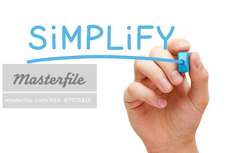 Hand writing Simplify with blue marker on transparent wipe board isolated on white.