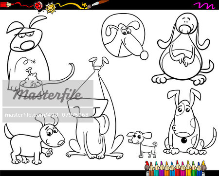 Coloring Book or Page Cartoon Illustration of Black and White Funny Dogs Pet Animal Characters