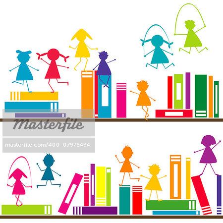 Cartoon children playing on book shelves