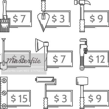 Black contour icons vector collection of construction or repair woodwork instruments and hand tools with abstract price tag for your business on white background.