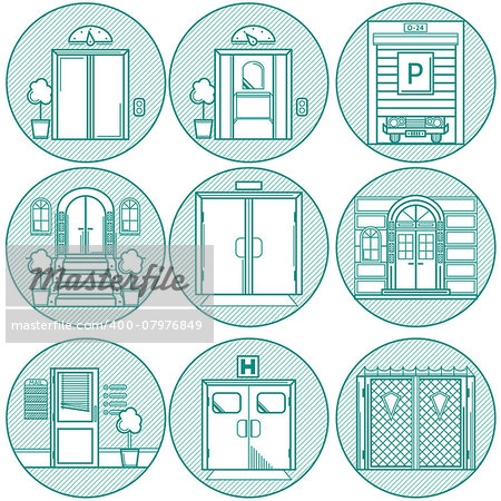 Monochrome flat line round icons vector collection of different types entrance doors on white background.