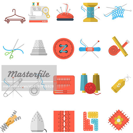 Set of colorful flat vector icons for sewing or handmade items and tools on white background