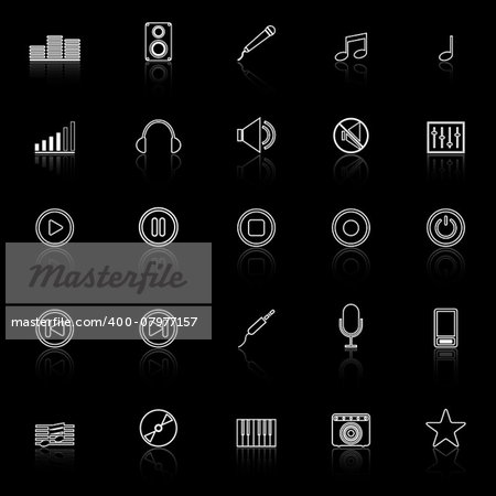Music line icons with reflect on black background, stock vector