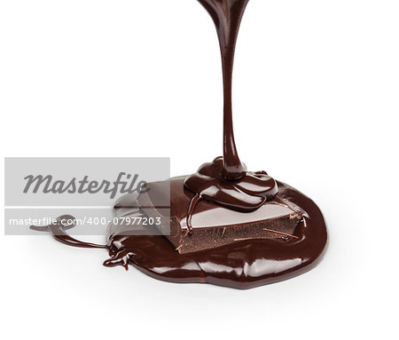 black hot chocolate pouring onto a piece of chocolate on a white background isolation