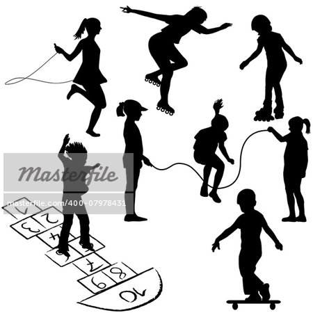 Active kids. Children on roller skates, jumping rope or playing on the hopscotch