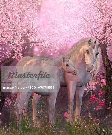 Spring finds a white Unicorn mare and foal resting under blossoming cherry trees.