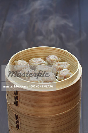 shu mai, shao mai, chinese food in bamboo steamer