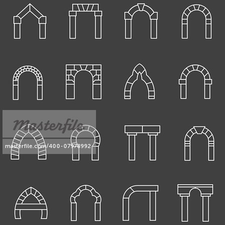 Set of white flat line vector icons for different types segmental archway on black background.