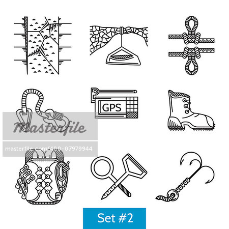 Black flat line icons vector collection of accessories for rock climbing and alpinism on white background.