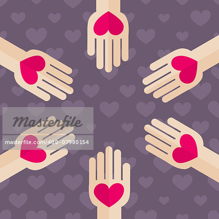 Flat Design Helping Hand with Hearts. Palm Holding Red Heart Vector Illustration