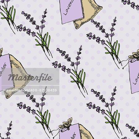 Health and Nature Collection. Seamless pattern with herbs and bags on spotted background. Lavender -  Lavandula angustifolia