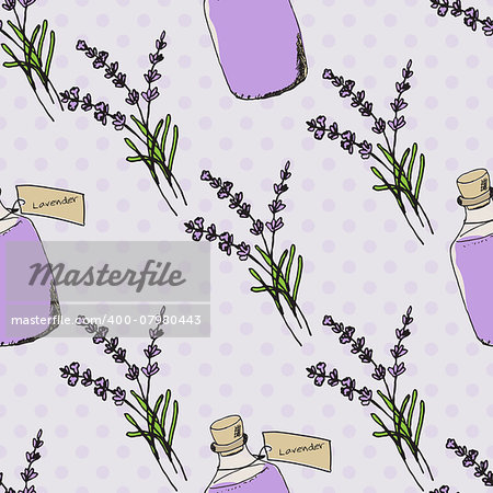 Health and Nature Collection. Seamless pattern with herbs and bottles with oil on spotted background. Lavender -  Lavandula angustifolia