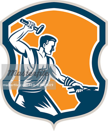 Illustration of a blacksmith striking hammering pliers with sledgehammer set inside shield crest on isolated background done in retro style.