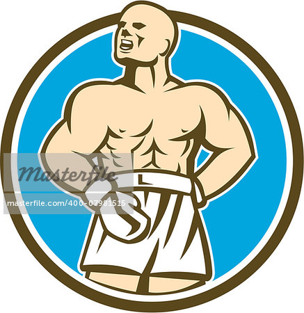 Illustration of a boxer wearing boxing gloves with hands on hips shouting looking up set inside circle done in retro style on isolated background.