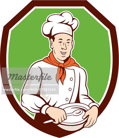 Illustration of a chef cook holding spoon and bowl et inside shield crest on isolated background done in cartoon style.