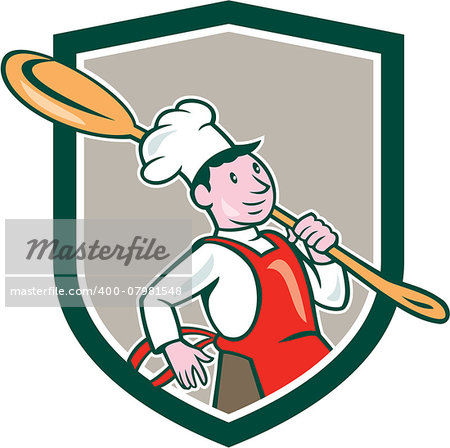 Illustration of a chef cook marching holding spoon over shoulder set inside shield crest on isolated background done in cartoon style.