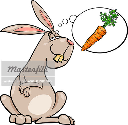 Cartoon Illustration of Funny Rabbit Dreaming about Carrot