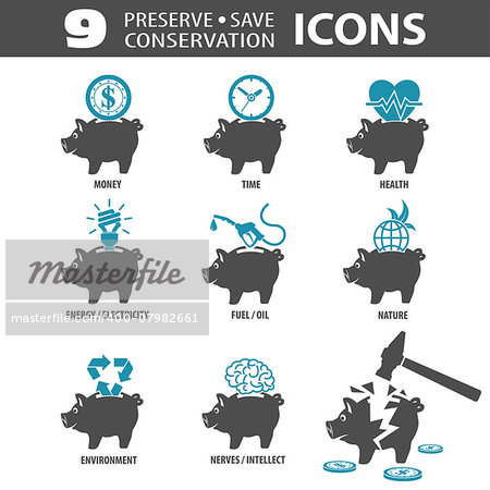 Set Preserve, Save, Conservation Icons with Piggy Bank and Money, Time. Vector isolated on white background.